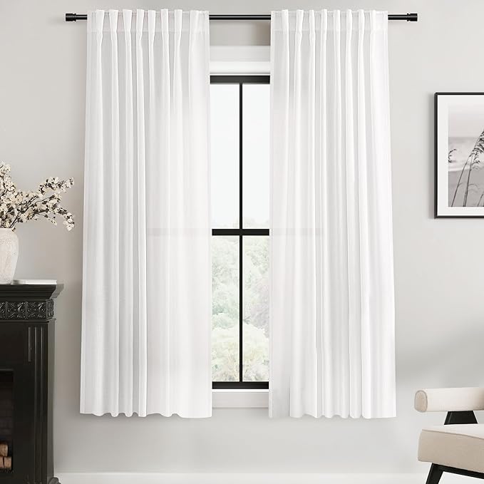 White Linen Curtains 63 inch Length 2 Panel Set for Living Room Back Tab Semi Sheer Light Filtering Bedroom Window Curtain 63 inch Long Cotton Textured Modern Elegant Coastal Drapes 60x63