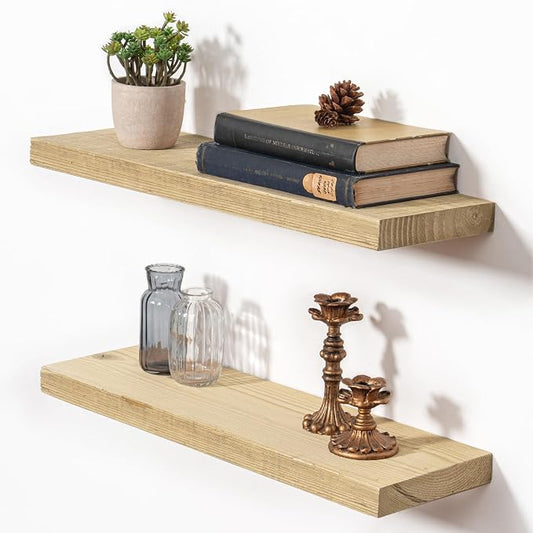 Fun Memories 24 Inch Reclaimed Wood Floating Shelves for Wall, 8 Inch Deep Heavy Duty Rustic Farmhouse Wall Mounted Shelf with Invisible Bracket for Bathroom, Kitchen & Bedroom, Natural