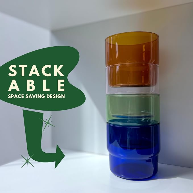 Set of 4 Colored Glass Cups (10oz) - Retro/Vintage Stackable Glassware - Juice, Coffee, Water, Cocktail Drinking Glasses/Cup/Tumbler (Green, Amber, Blue, Pink)