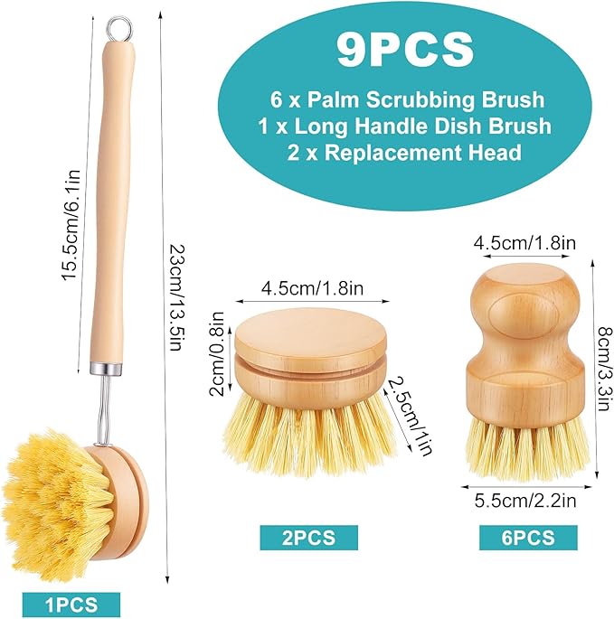 9 PCS Bamboo Dish Brush Set, Multifunctional Dishwashing Bamboo Scrub Brush with Natural Sisal Bristles, Wooden Dish Brush for Cleaning Pots, Pans, Dishes, Vegetables