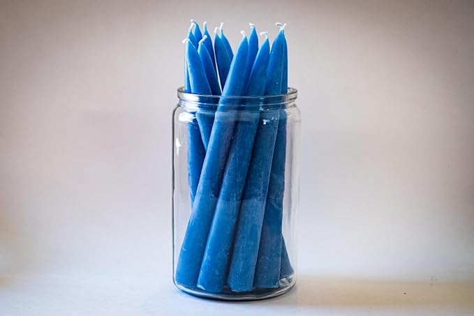 100% Pure Beeswax Taper Candles - All-Natural Handmade Decorative & Dipped Smokeless Unscented Candles for Christmas, Advent, and Hanukkah, Rustic Blue, 8.5 Inches, 24 Candle Set, by BeeTheLight
