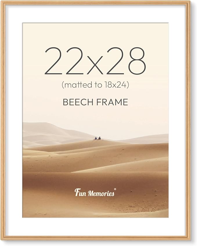 22x28 Picture Frame with Mat for 18x24, USA-Sourced Beech Wood Handcrafted Rounded Corner with HD Tempered Glass, 22 x 28 Gallery Wall Frames for Posters & Art Prints, Vertically or Horizontally