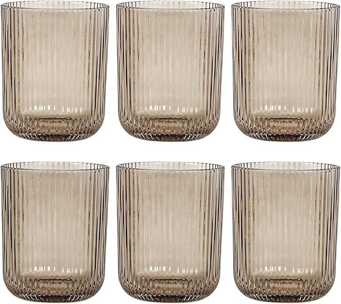 Smokey Gray Ribbed Highball Glasses Set of 6, 8.5oz Vintage Highball Tumblers,Colored Drinking Glasses for Water,Juice,Coffee,Cocktails,Gray Glassware,Housewarming & Party Gift