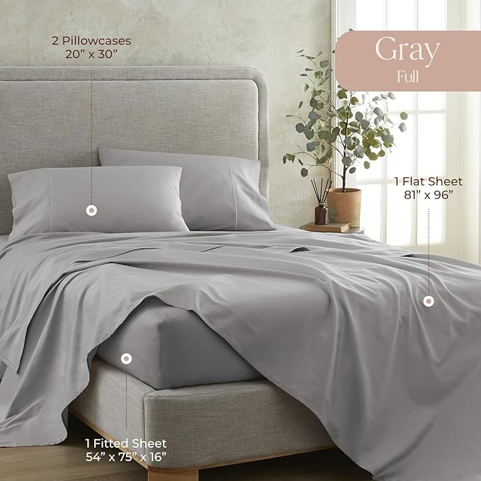 100% Organic Cotton Sheets Full Size - GOTS Certified Organic Bed Sheets with Deep Pocket 500 Thread Count and Cozy Sateen Weave Gets Softer with Each Wash - Luxury 4 Piece Set (Gray, Full)