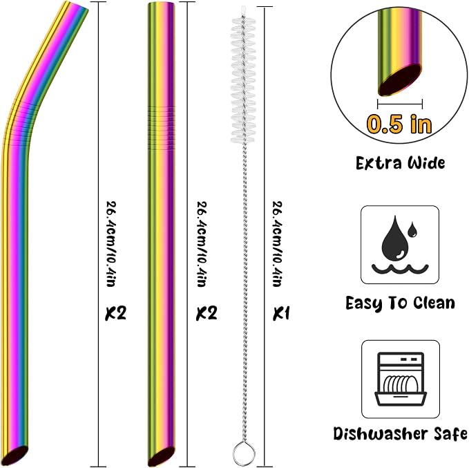 NiHome 4-Pack Stainless Steel Straws for Boba, Smoothie, 10.4” Metal Straws | 0.5'' Extra Wide Metal Reusable Straws, 2 Bent & 2 Straight Long Drinking Straw for Bubble Tea Milkshake, 1 Brush, Iridescent