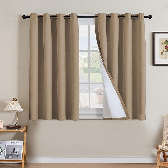 H.VERSAILTEX Linen Curtains 100% Blackout Curtains for Bedroom 90 inch Long Full Light Blocking Nature Linen Blended Window Curtains for Living Room Nickel Grommet (2 Panels, Heathered Macchiato)
