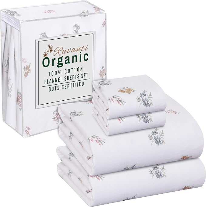 RUVANTI Flannel Sheets King Size - GOTS Certified 100% Organic Cotton, 4 Piece Warm, Soft & Breathable Set, Deep Pocket Snug Fit, Double Brushed Cozy All Season Bedding, Floral
