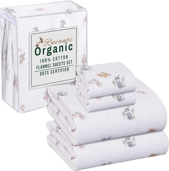 RUVANTI Flannel Sheets Full Size - GOTS Certified 100% Organic Cotton, 4 Piece Warm, Soft & Breathable Set, Deep Pocket Snug Fit, Double Brushed Cozy All Season Bedding, Floral