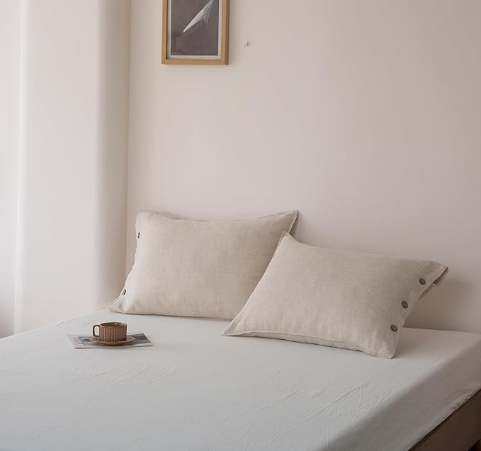 EVERLY 100% Linen Pillowcases Set of 2, French Linen from Normandy, 20X30Inch Queen Size, Natural Color, Coconut Buttons Closure, Flax Pillowshams-Pillowcase-Linen
