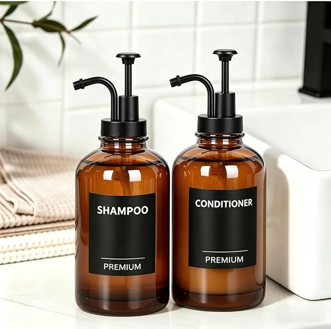 Amber 18 Oz Dish Soap Dispenser for Kitchen, Ultra-Thick Glass Soap Dispenser Set with Tray, Pump, Funnel for Bathroom, Liquid, Lotion, Shower, Laundry, (2 Pack with 12 Stickers)