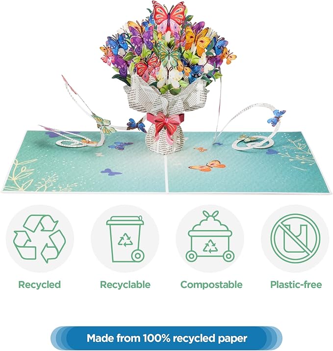 Paper Love Frndly, Butterflies Bouquet 3D Pop Up Card, For All Occasion, Mothers Day, Love, Thank You, Just Because -100% Recycled and Eco-Friendly, Handmade, 8" x 6" Cover -with Removable Note Tag