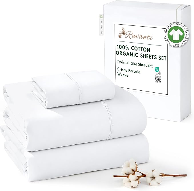 RUVANTI 100% Cotton Organic Percale Sheets Twin XL Size – Crisp Cooling Bed Sheets for Hot Sleepers, Deep Pocket 15”, Soft Peach Finish, Breathable & Durable Hotel-Style 3 Pcs, Bright White