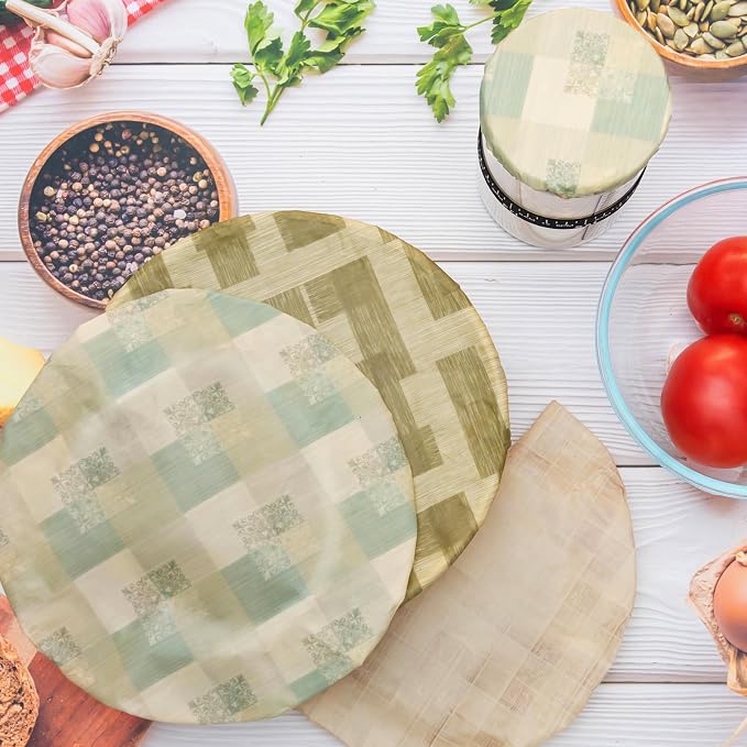 3Pack 10IN Beeswax Bowl Covers with a 4IN Sourdough Jar lid,Reusable Bowl Covers for Bread Proofing,100% Organic Cotton,Elastic Shower Caps for Sourdough Bread,Dough Proofing & Food Storage