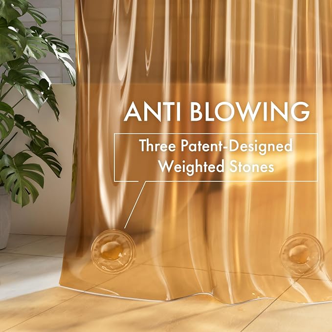 AmazerBath No Hook Shower Curtain and Liner 3-in-1, 8G Luxury Heavy Duty Clear Orange No Hook Shower Curtain Liner, 72x75 Cute EVA Bathroom Weighted Plastic Shower Curtain with 3 Heavyweight Stones