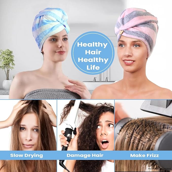 3 Pack Microfiber Hair Towel Wrap for Women, Fast Drying Hair Turban with Button, Anti-Frizz Large Hair Towel for All Hair Styles, Soft & Absorbent Hair Drying Towel