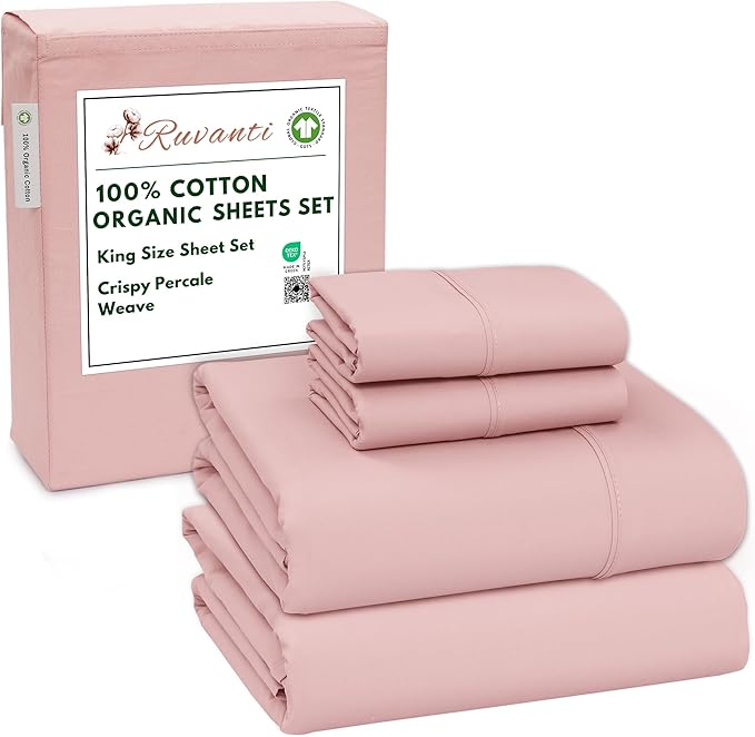RUVANTI 100% Cotton Organic Percale Sheets King Size – Crisp Cooling Bed Sheets for Hot Sleepers, Deep Pocket 15”, Soft Peach Finish, Breathable & Durable Hotel-Style 4 Pcs, Peach Skin