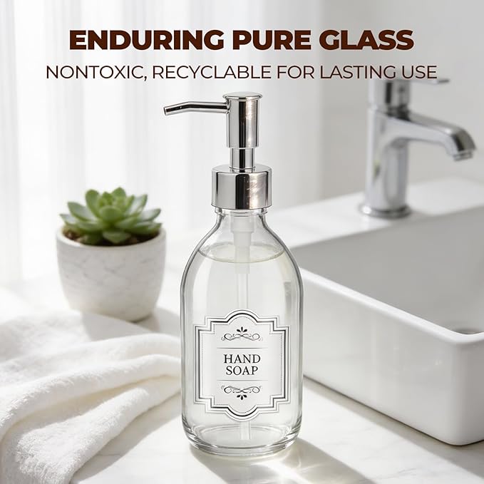 8 oz Clear Glass Pump Bottle, 250ml Small Lotion Dispenser Bottle for Body Massage Oil, Refillable Empty Hand and Dish Soap Dispensers Set with Plastic Silver Pump, Labels - 2 Pack
