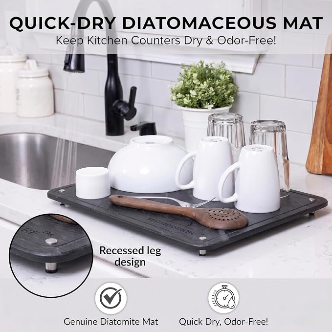 LARGE MATMOSPHERE Stone Dish Drying Mat for Kitchen Counter – Fast Absorbing Diatomaceous Mat with Stainless Steel Legs, Quick Dry, Dish Rack Mat, USA Small Business, 18”x14”, Slate Gray