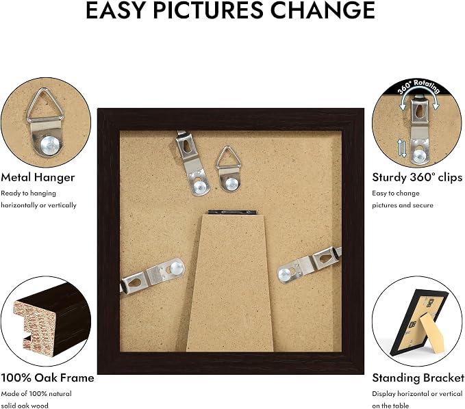 Hongkee 4x4 Oak Wood Picture Frame 1 Pack(Matted 3x3) with Real Glass Cover | Black, 4 x 4 Solid Wood Frame for Wall or Tabletop Display - Includes Easel Back, Vertical Hang - Ideal for Home, Office