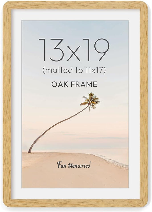 Fun Memories 13x19 Picture Frame - Solid Oak Wood Frame with Mat for 11x17, 13 By 19 Art Wall Frames with HD Tempered Glass, Horizontal or Vertical Wall Display, Natural Oak