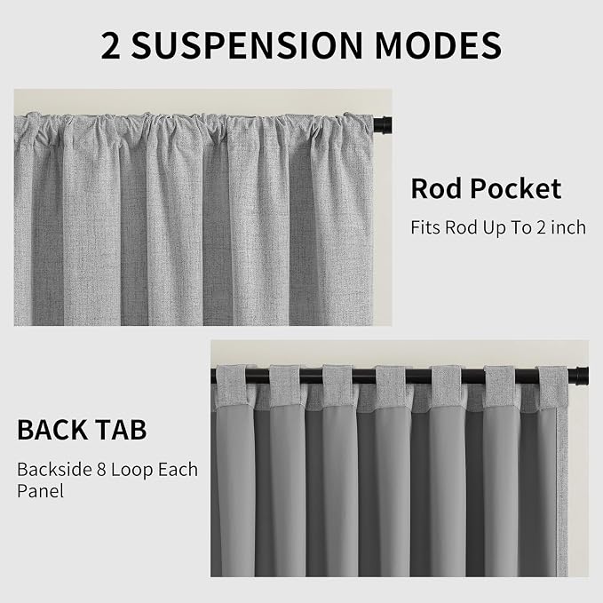 CUCRAF Linen 100% Blackout Curtains 96 Inch Length 2 Panels Set, Back Tab and Rod Pocket Curtain for Living Room Bedroom, Room Darkening Window Drapes Thermal Insulated, (52x96 inch, Light Grey)
