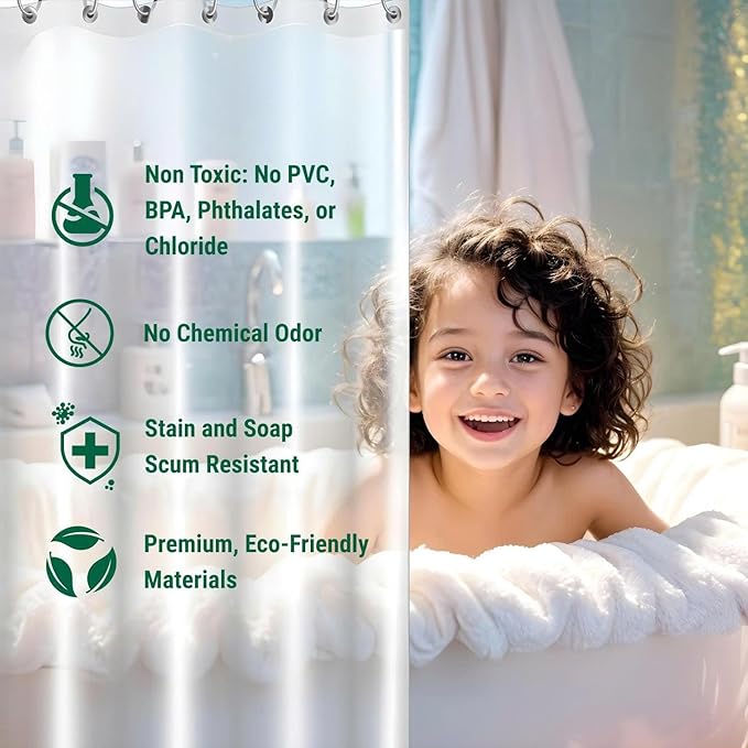 Bowery Home NOT Made in China Eco-Friendly Recycled PEVA Shower Curtain Liner – Waterproof, Sustainable, Non-Toxic Shower Curtain Liner, with Rust-Proof Grommets, 72x72IN, 8G – Clear