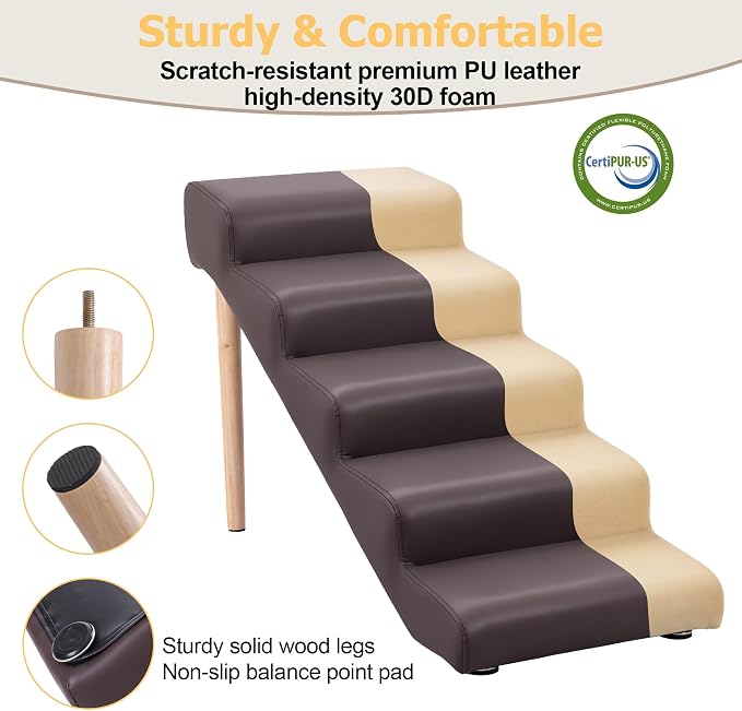 5-Step 23.6" H Dog Stairs for Bed Couch, Waterproof & Scratch PU Leather Pet Steps for Senior Large Dogs and Cats, Dog Ramp with 220 lbs Maximum, Oak Leg & Solid Wood, Non-Slip Feet,Brown