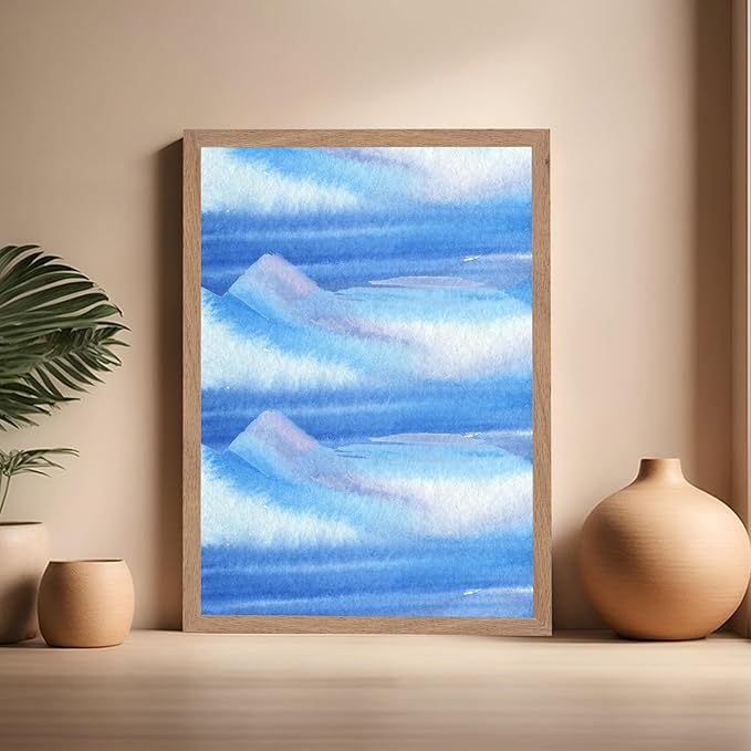Monem Art Blue Watercolor Abstract Landscape Print - Minimalist Ocean Horizon Art Poster - Wall Decor for Living Room, Bedroom or Office - 16x20 Beige Framed Wall Art by Rs Lab Studio