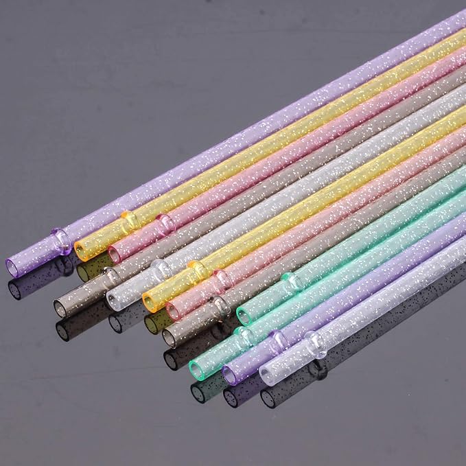 Dakoufish BPA-Free 12 Piece 11 Inch Reusable Clear Plastic Glitter Sparkle Drinking Straw Plus one Cleaning Brush (6color,11inch)