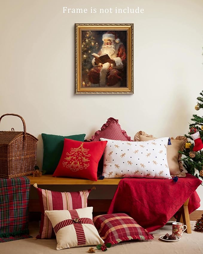 Vodefoad Vintage Christmas Claus Wall Art Santa Claus Reading Book Xmas Oil Canvas Prints Cottagecore Decor Academia Xmas Decor Winter Print for Holiday Christmas Dec - 8x10Inch Unframe