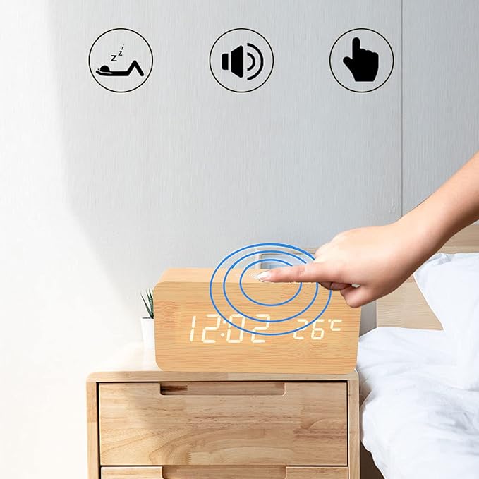 Tyenaza Digital Alarm Clock, Wooden Battery Operated Clock LED Display Touch Sound Control BT Connection Digital Desk Clock for Bedroom Office Cafe