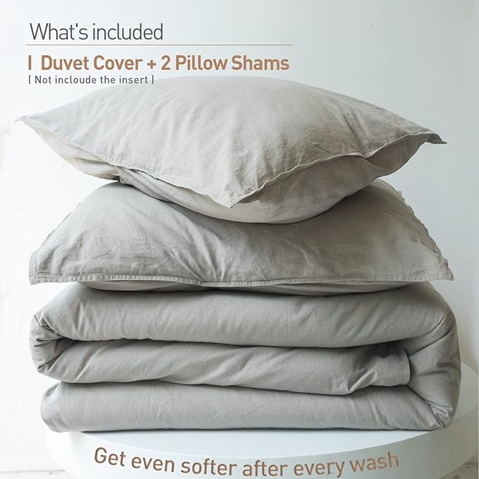 BISELINA French Linen Duvet Cover Set 2pcs with Hidden Zipper Closure Natural Flax Cotton Blend Solid Color Soft Breathable Luxury Farmhouse Bedding - Twin Size, Grey