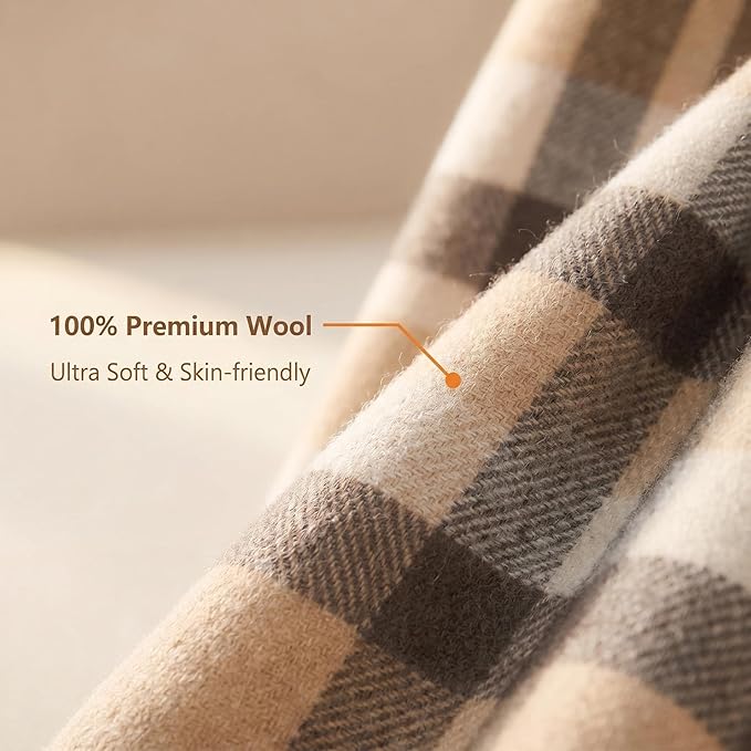 100% Wool Blanket Throw,Beige Plaid Wool Blanket with Compact Bag,Rustic Soft Lightweight Blanket for Couch,Sofa,Bed & Lounging Decoration, Warm Travel Blanket for Home, Airplane,Ideal Gifts 55"x83"