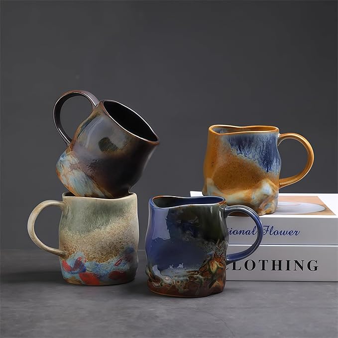 Handmade Ceramic Coffee Mugs, Mugs with Coffee Spoon, 11oz, Handmade Pottery Mug with Handle, Hand-painting, Unique Uneven Surface Tea cups, Dishwasher and Microwave Safe (Yellow)