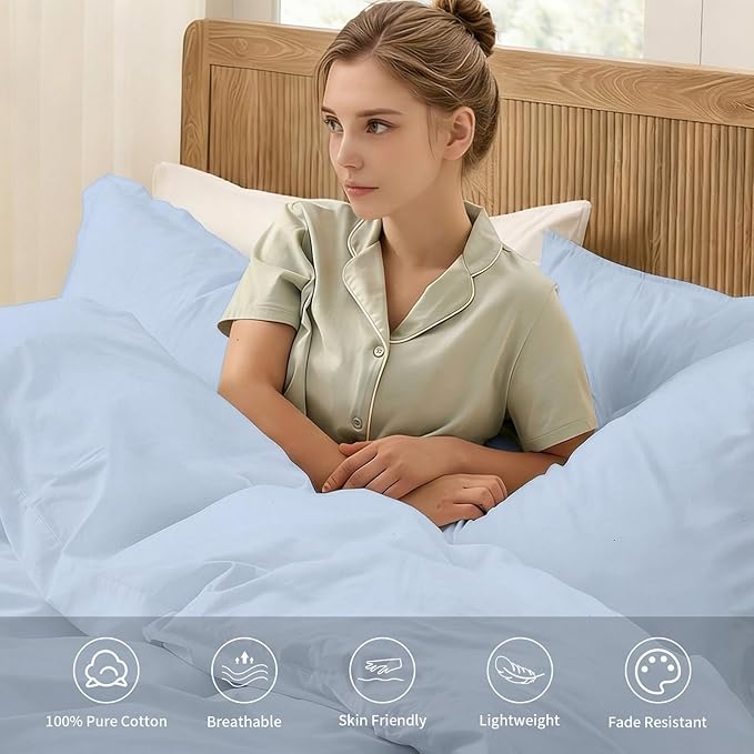 Duvet Cover Set King Size, 100% Washed Cotton, Light Weight Breathable Comforter Cover Linen Feel,3PCs Breathable Bedding Set for All Season, Blue, 104”X90“