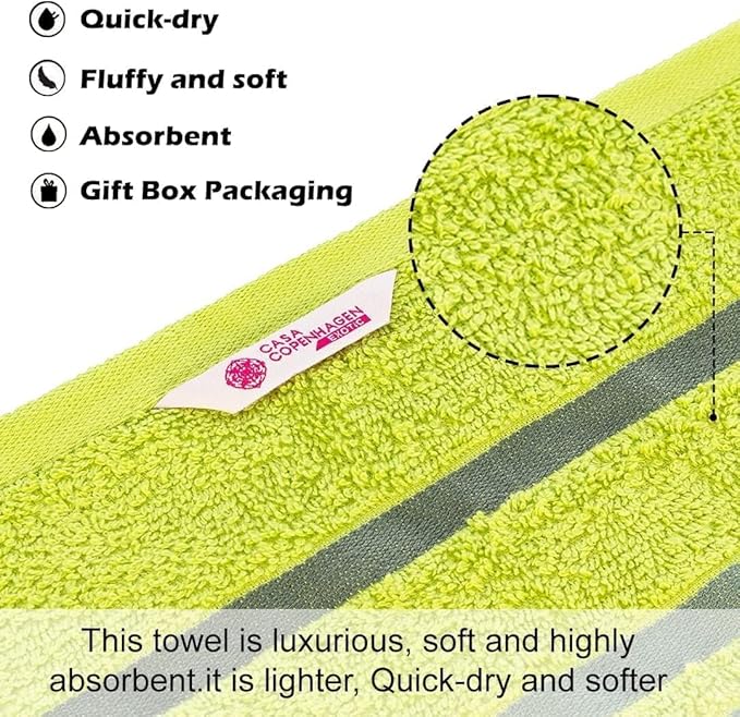 CASA COPENHAGEN Exotic 6 Pieces Towel Set- Lime Green, 525 GSM 2 Bath Towel 2 Hand Towel 2 Washcloth, Designed in Denmark Made of Soft Egyptian Cotton for Bathroom, Kitchen & Shower