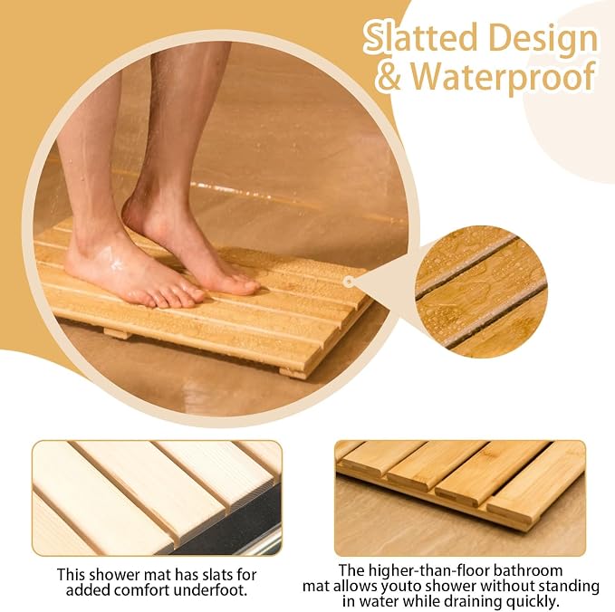 Natural Wooden Shower Mat - Non-Slip Bath Pedal with Handle, Stable Drain Board, Customizable Sizes (20x38in/50x97cm) for Safe, Comfortable Bathroom Use