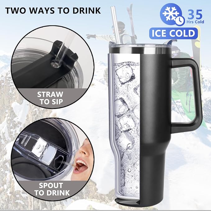 SYACOT 40 oz Tumbler with Handle and Straw Stainless Steel Insulated Tumbler Leak Proof Lid and Straw Lid Reusable Travel Mug Coffee Mug Cup Dishwasher Safe Keep Drinks Cold and Hot (Magic Black)