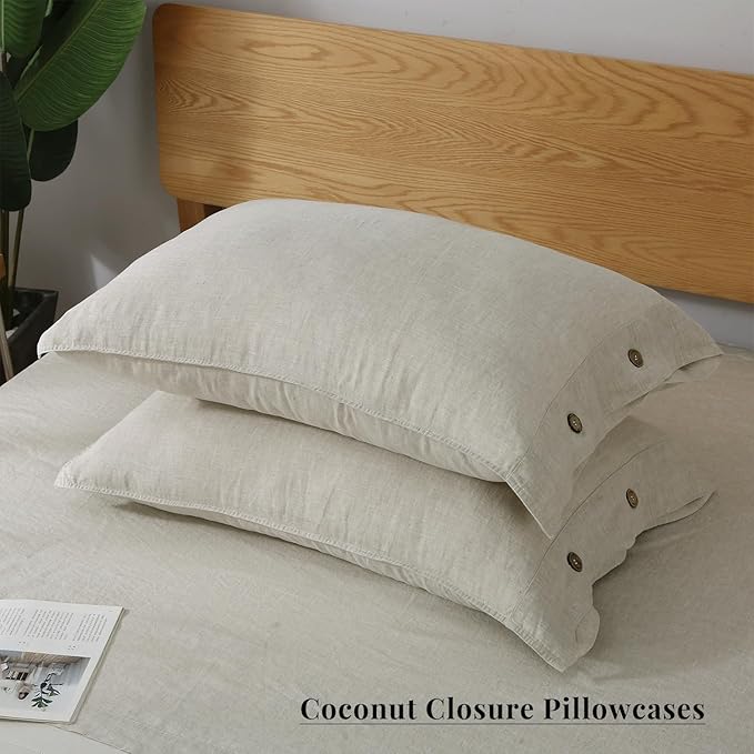 S VICTORY SYMBOL 100% Organic Linen Duvet Cover Set 3pcs Queen Size,Natural French Washed Flax Bedding (1 Duvet Cover and 2 Pillowcases) with Coconut Button Closure,Natural Linen