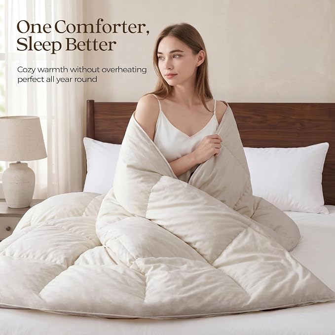 UNIKOME All Season Goose Feather Down Fiber Comforter Queen Size - 100% Organic Cotton Cover Natural Breathable Duvet Insert, 750+ Fill Power, Hotel Luxury Bedding Comforter (88"x90")