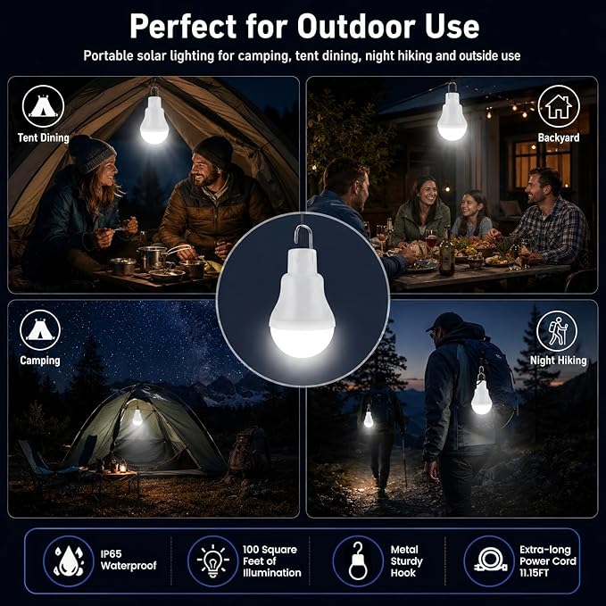 Solar Light Bulbs for Indoor Home and Chicken Coop, Outdoor Waterproof Camping Lamps for Tent, Rechargeable LED Solar Lights for Shed Night, Emergency, 2-Pack