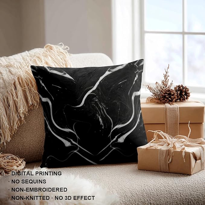 Shrahala Marble Black Abstract Wave Decorative Throw Pillow Cover Pack of 2, Skin Black Marble Cushion Covers Pillowcases for Living Room Sofa Bedroom(18x18 in)