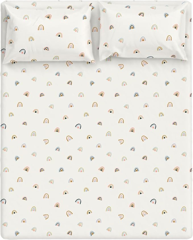 MakeMake Organics Organic Queen Sheet Set (4 Piece) GOTS Certified Organic Cotton Sheets Non Toxic Safe Fitted, Flat Sheet, Pillowcases (Rainbow)