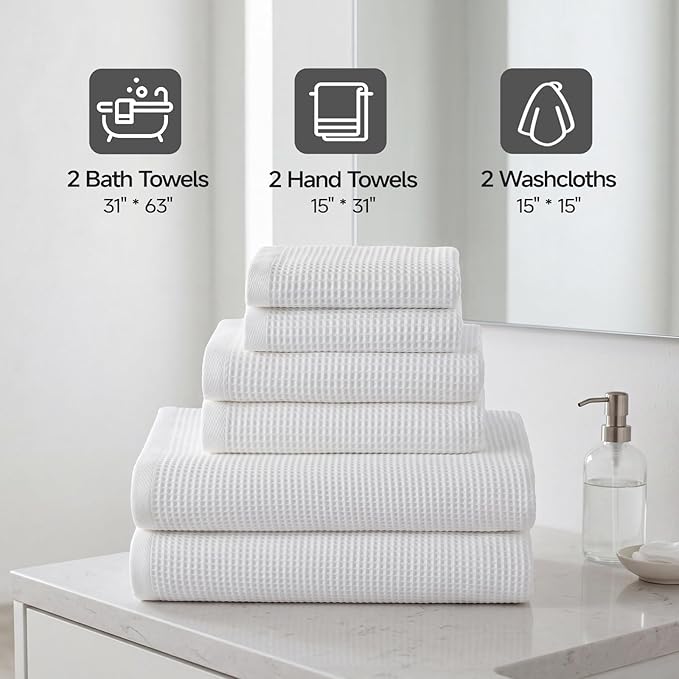 ecolook 6-Piece Waffle Weave Towel Set, 100% Cotton, Lightweight, Absorbent & Quick-Drying, 2 Bath Towels (31×63 in), 2 Hand Towels, 2 Washcloths, Lint-Free for Bathroom, Pool, Gym, Travel - White