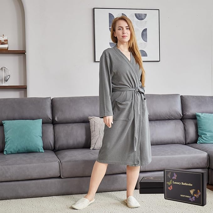 Women's Robes Luxury cotton Lightweight Summer Long Plus Size BathRobes for Women Soft Kimono Spa Knit Waffle Robes