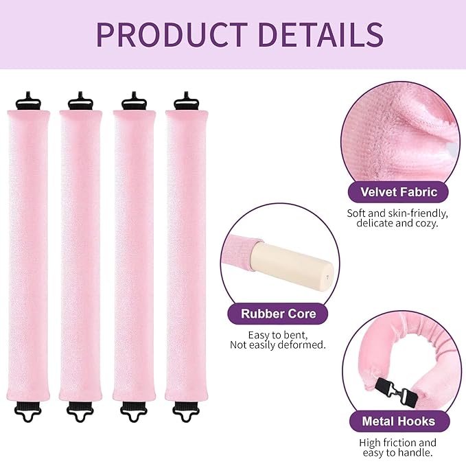 Heatless Curls Overnight Hair Curlers - 4 Pcs No-Heat Curling Rod to Sleep In,Velvet Hair Rollers with Satin Wrap
