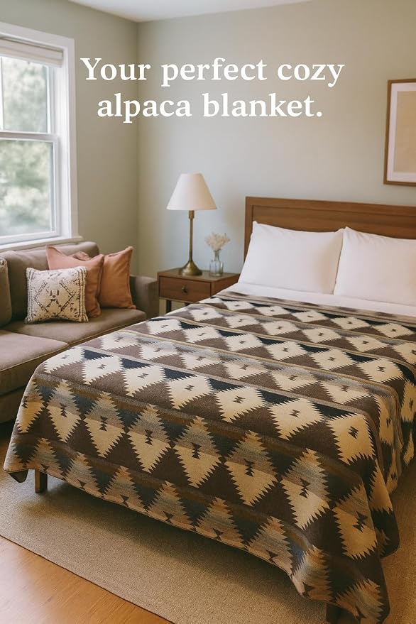 Alpaca Wool Blanket, Queen Size 94 x 78, Reversible 2 in 1, Thick and Ultra Soft, Hypoallergenic, Non-Itchy, Handmade in Ecuador. Premium Alpaca Wool Thtow Blanket for Cozy Comfort. (Blue and Brown)