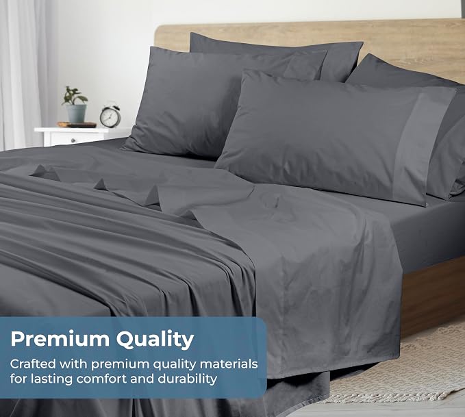 ROYALE LINENS 100% Organic Cotton Full Sheet Set - Percale Weave - 4 Pieces Set - 1 Flat, 1 Deep Pocket Fitted Sheet and 2 Pillowcases - Grey Bed Sheets - Sábanas Full - Crisp Cool (Grey)