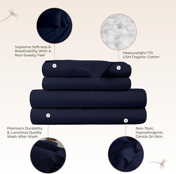 100% Organic Flannel Sheets Queen Size - GOTS Certified 100% Cotton Flannel Sheets Set with Comfortable Soft Brushed Finish & Deep Pocket - 1 Flat 1 Fitted & 2 Pillowcases (Navy, Queen)