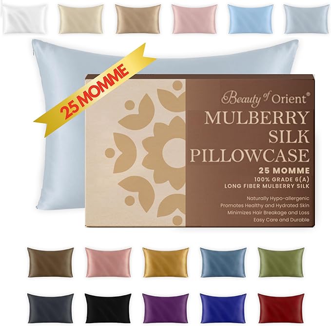 25 Momme Premium Mulberry Silk Pillowcase for Hair and Skin | Handcrafted Hypoallergenic & Anti-Acne Silk Pillow Cases with Zipper Standard - 20" x 26", Silver Lining